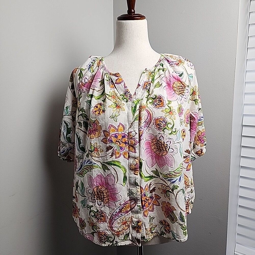 Liverpool Los Angeles Women's White Short Sleeve Blouse Size S Floral Button